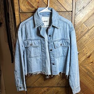 aerie Light Blue Cropped Denim Jacket with Raw Hem